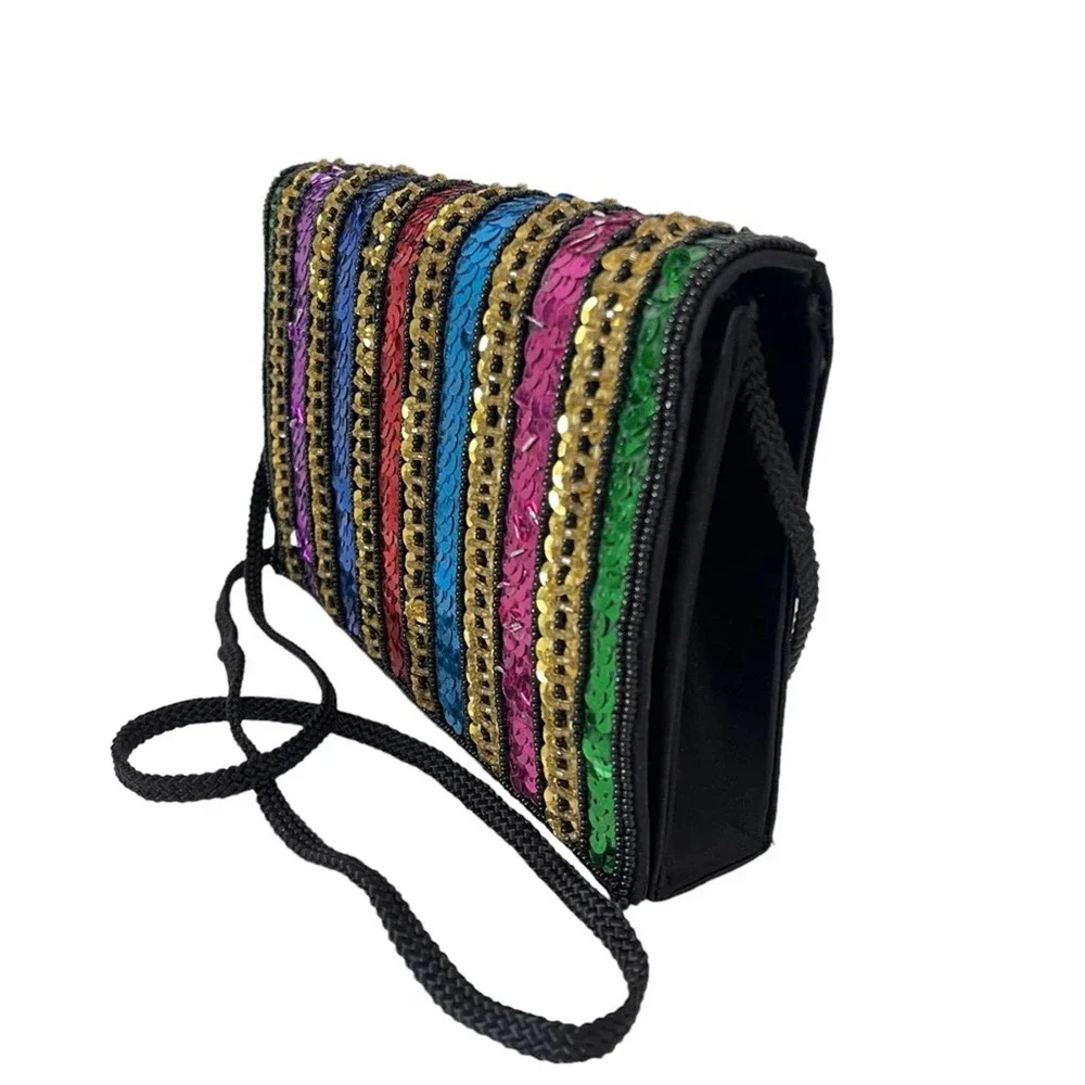 Vintage La Regale Black Multicolor Sequin Embellished Crossbody Bag Purse - Picture 2 of 10